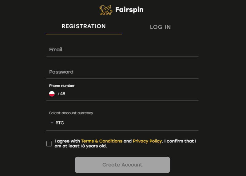 Signing up at Fairspin to play Lightning Roulette