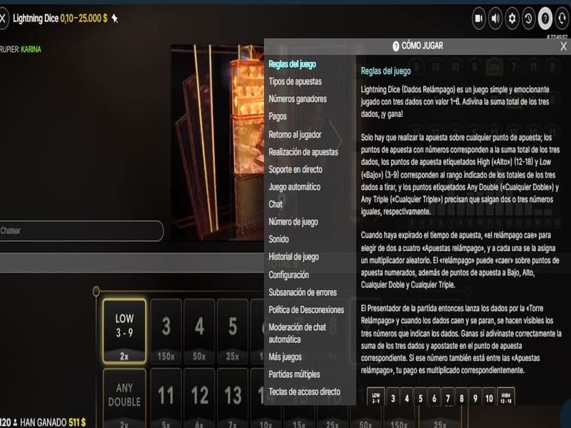 Funciones del juego Lightning Dice de Evolution Gaming